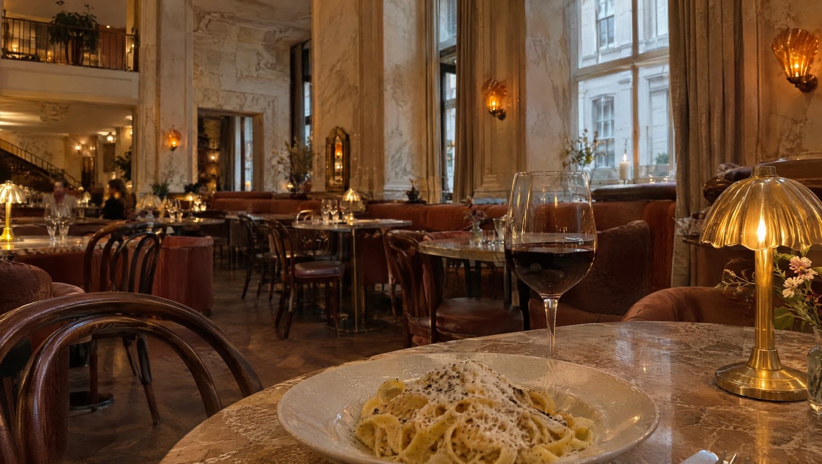 Tagliatelle på et travertinbord under de ravfarvede lamper — Ambra