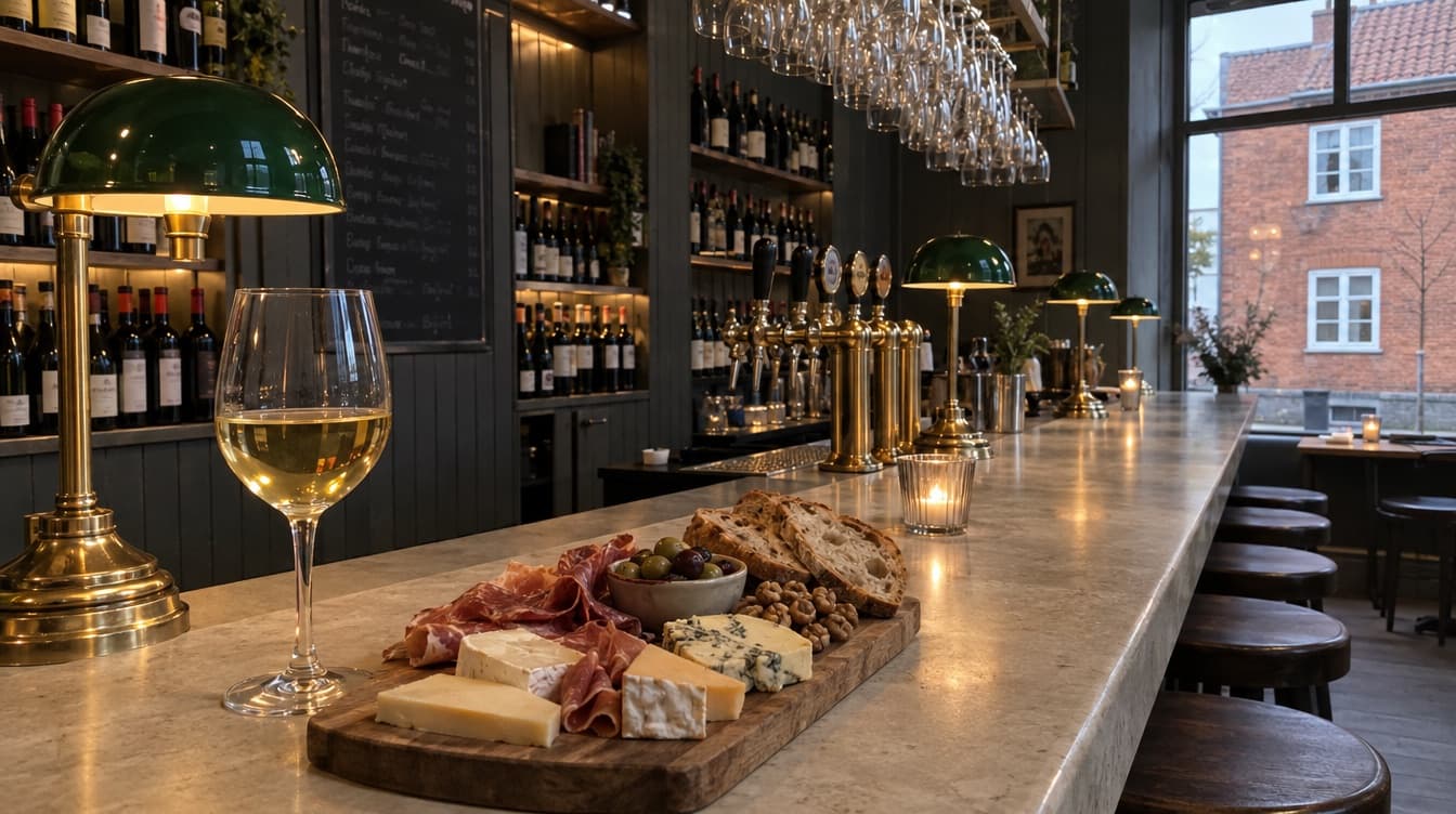 Hvidvin og ostebræt på den lyse bardisk under de grønne lamper — Amy's Bar & Winehouse