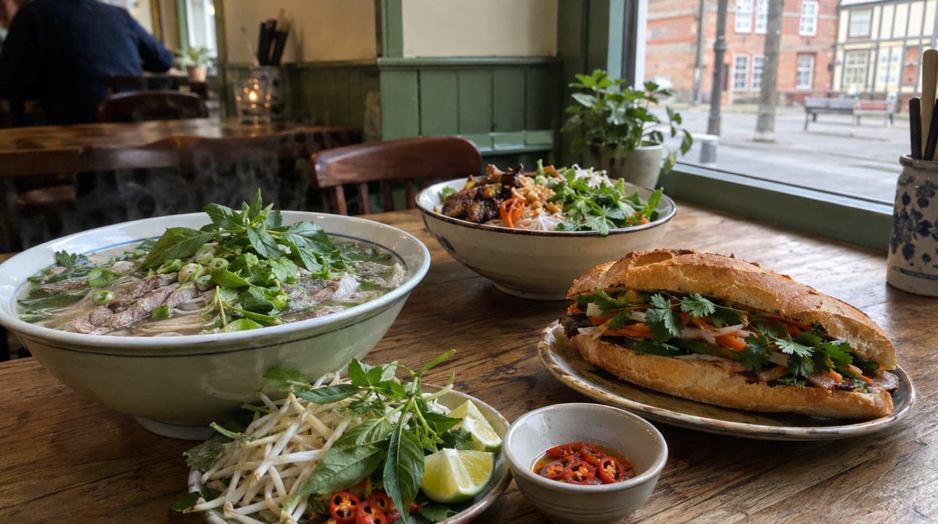 Pho, bánh mì og bún på træbordet — An Di