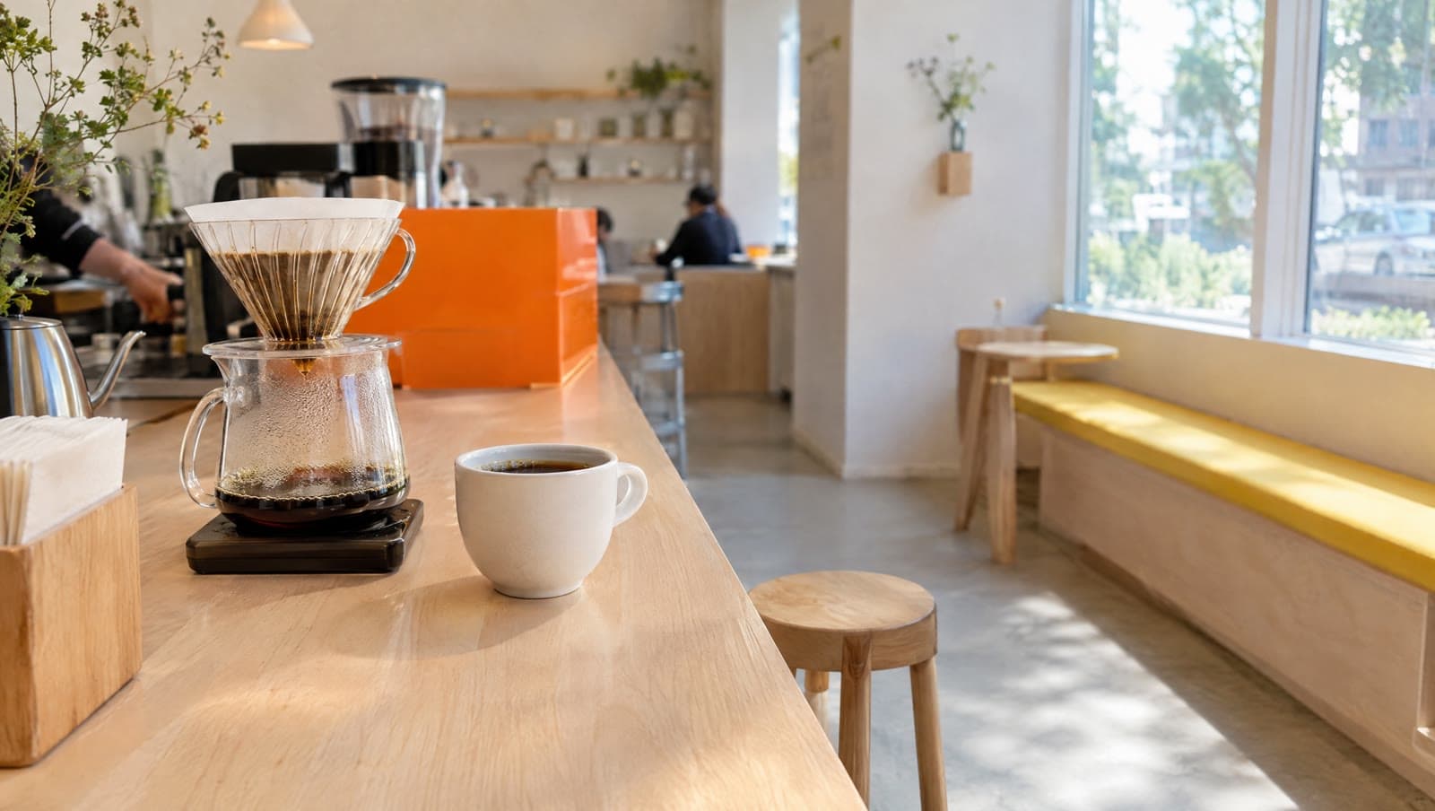 Pour-over og filterkaffe i den lyse kaffebar — April Coffee