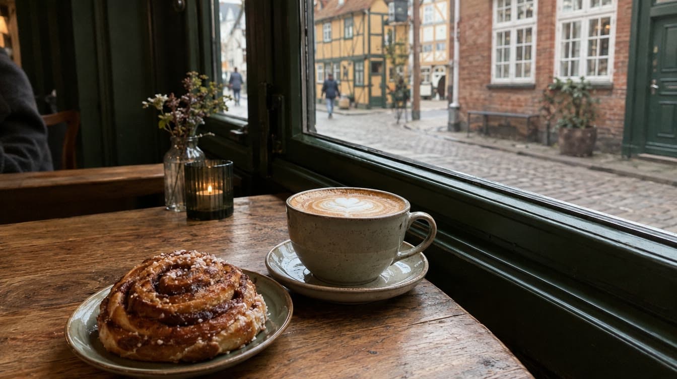 Cappuccino og kanelsnegl ved vinduet — Arnessted