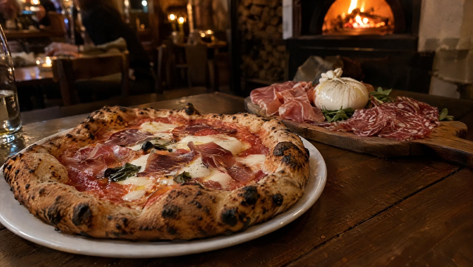 Pizza fra den brændefyrede ovn og charcuteri på bordet hos Bæst i Guldbergsgade