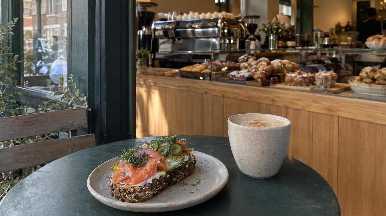 Laksesandwich og chai foran bageriet — Baker Boys Skibhus