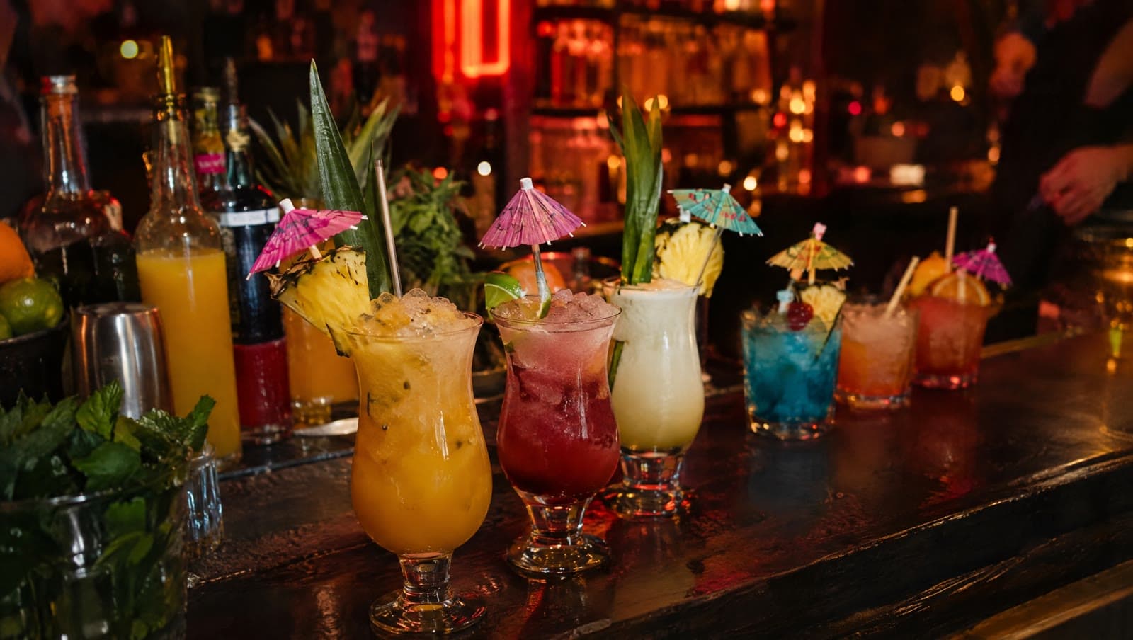 Farverige cocktails på den mørke bar — Bar Rar