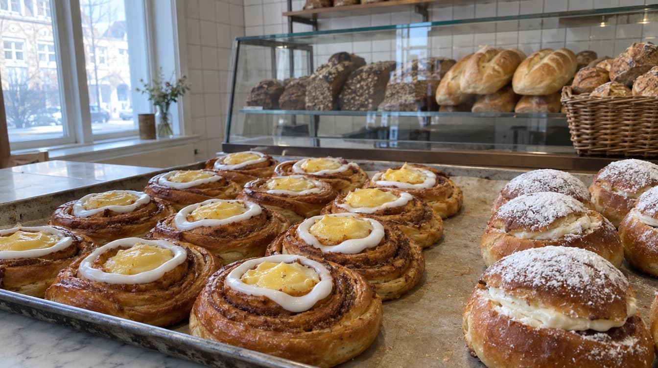 Kanelsnegle med creme på bagepladen — Bauns Bageri