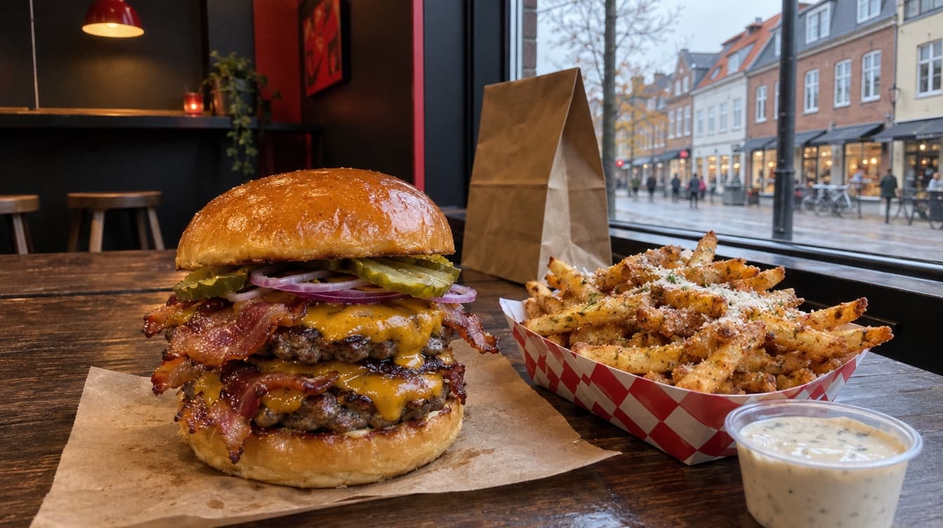 Dobbelt bacon cheeseburger og parmesanfritter ved vinduet — Burger Boom