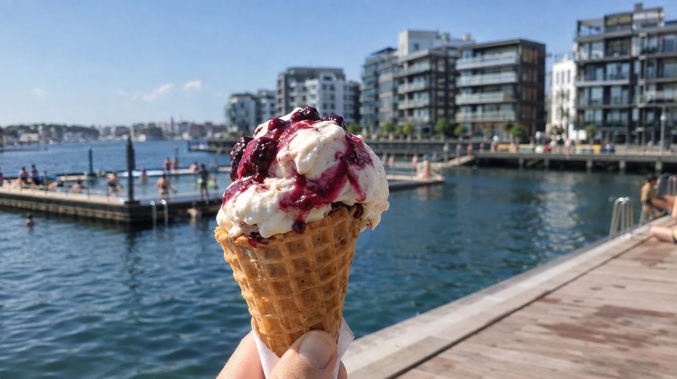 Isvaffel med havnebadet i baggrunden — Byens Ismejeri