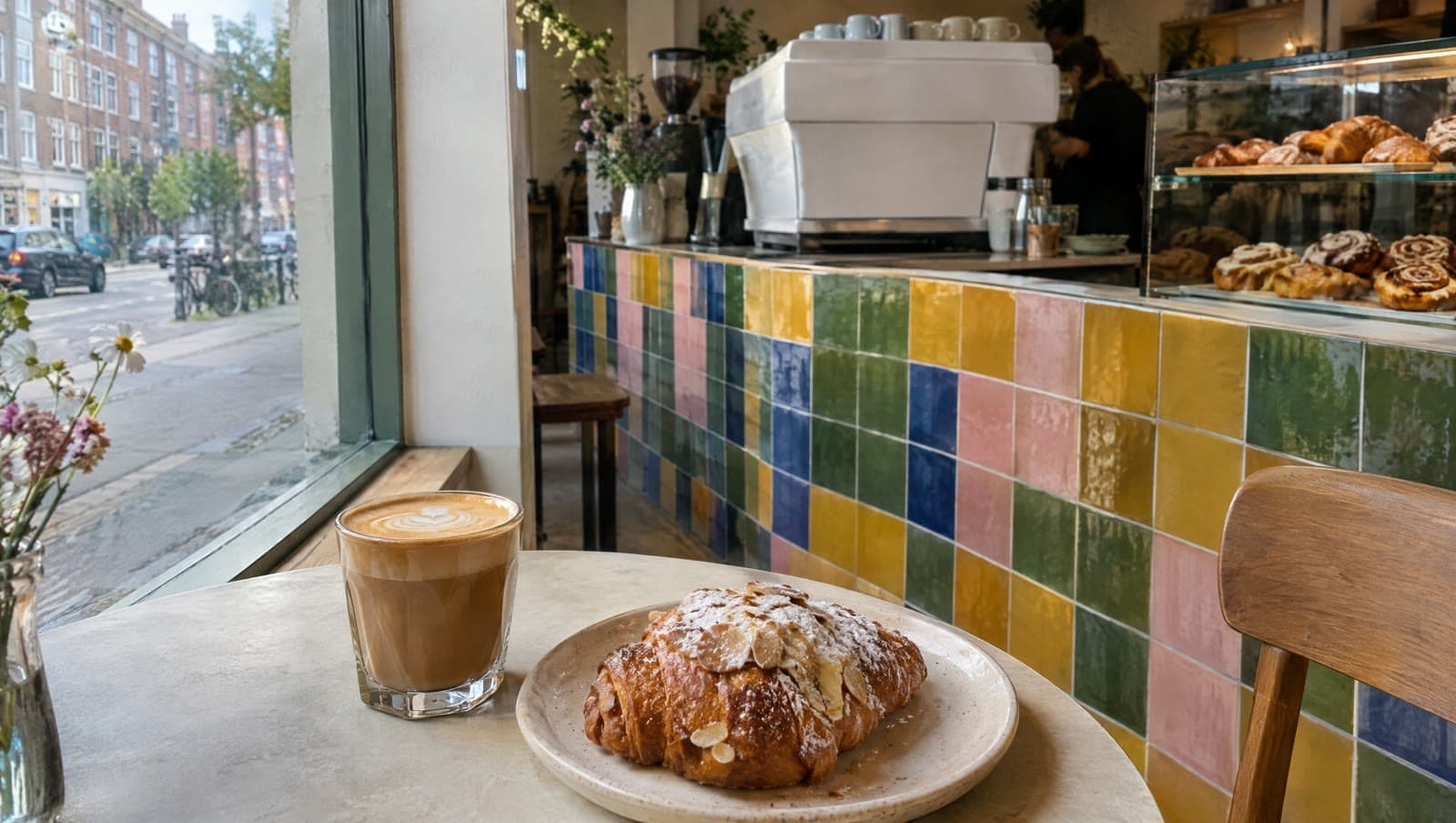 Cortado og mandelcroissant foran den flisebeklædte disk — Arrebo