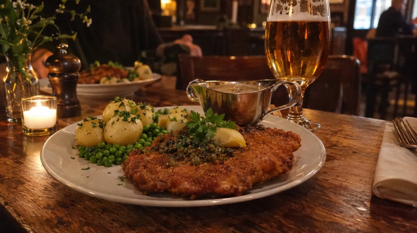 Wienerschnitzel med ærter og sovs — Cafe Frederiksberg