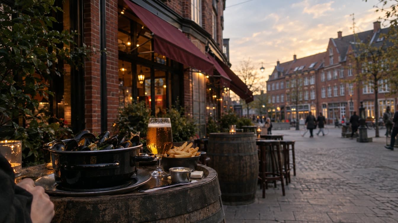 Moules frites på tøndebordet under de røde markiser — Café Skt. Gertrud