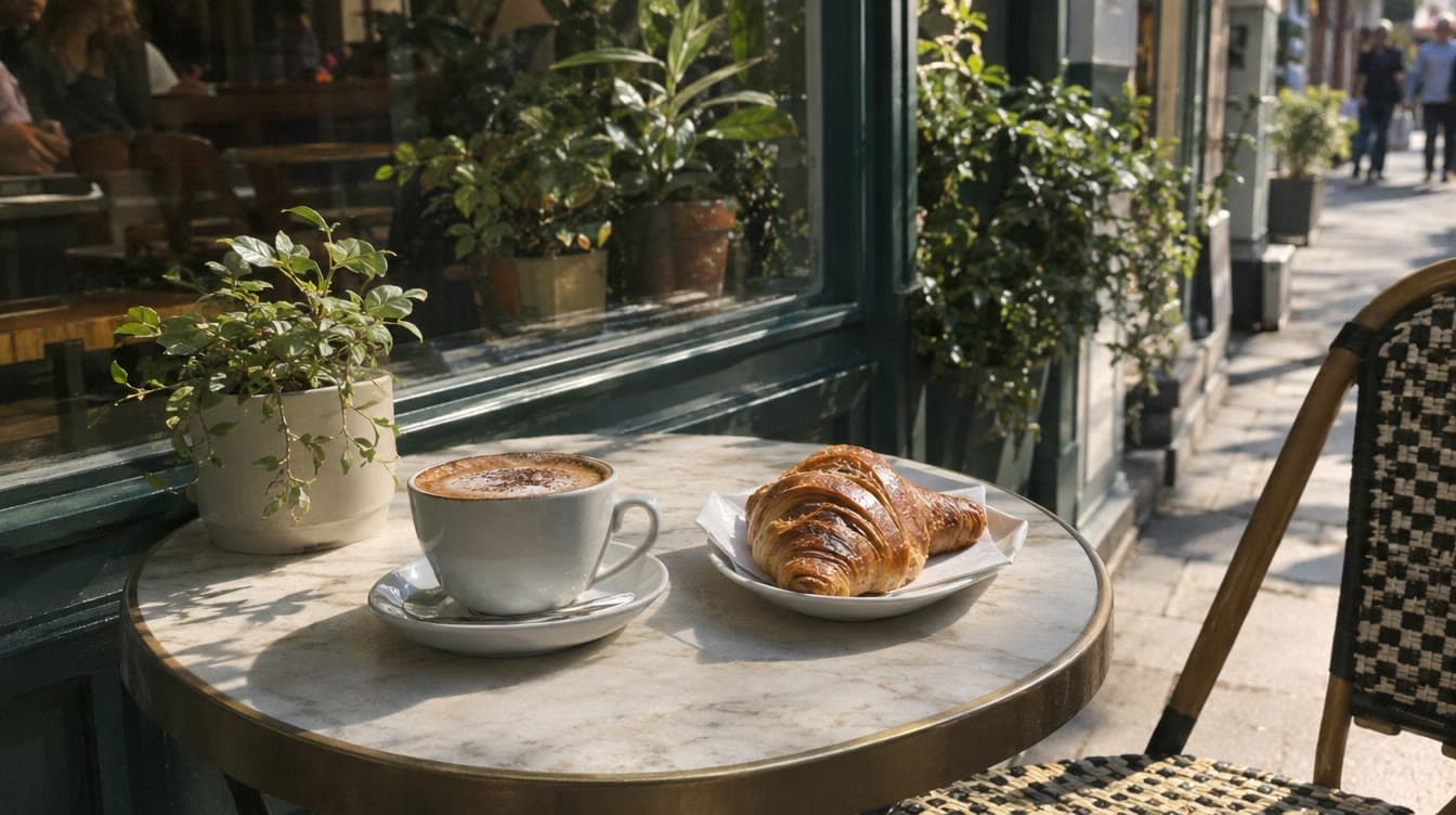 Cappuccino og croissant på fortovet — Café Unika