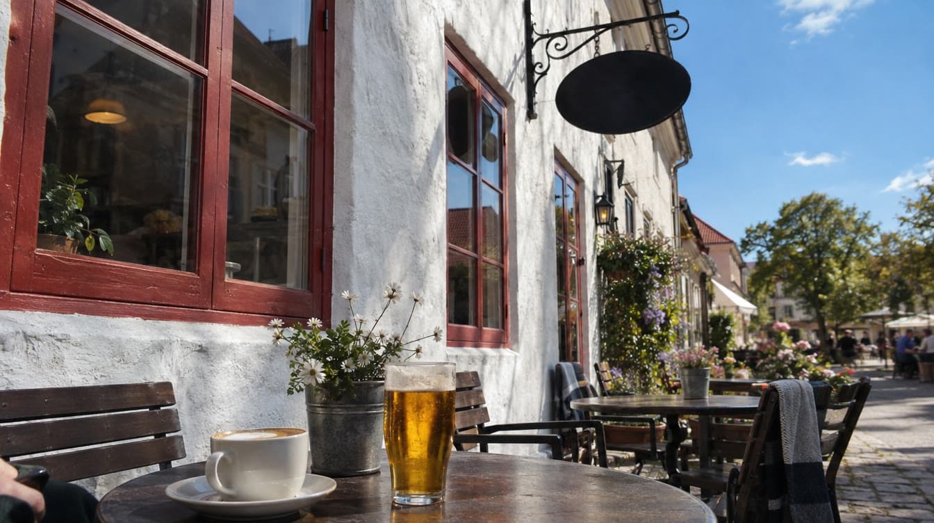 Facaden med det sorte hængeskilt i Vestergade — Café Vestergade