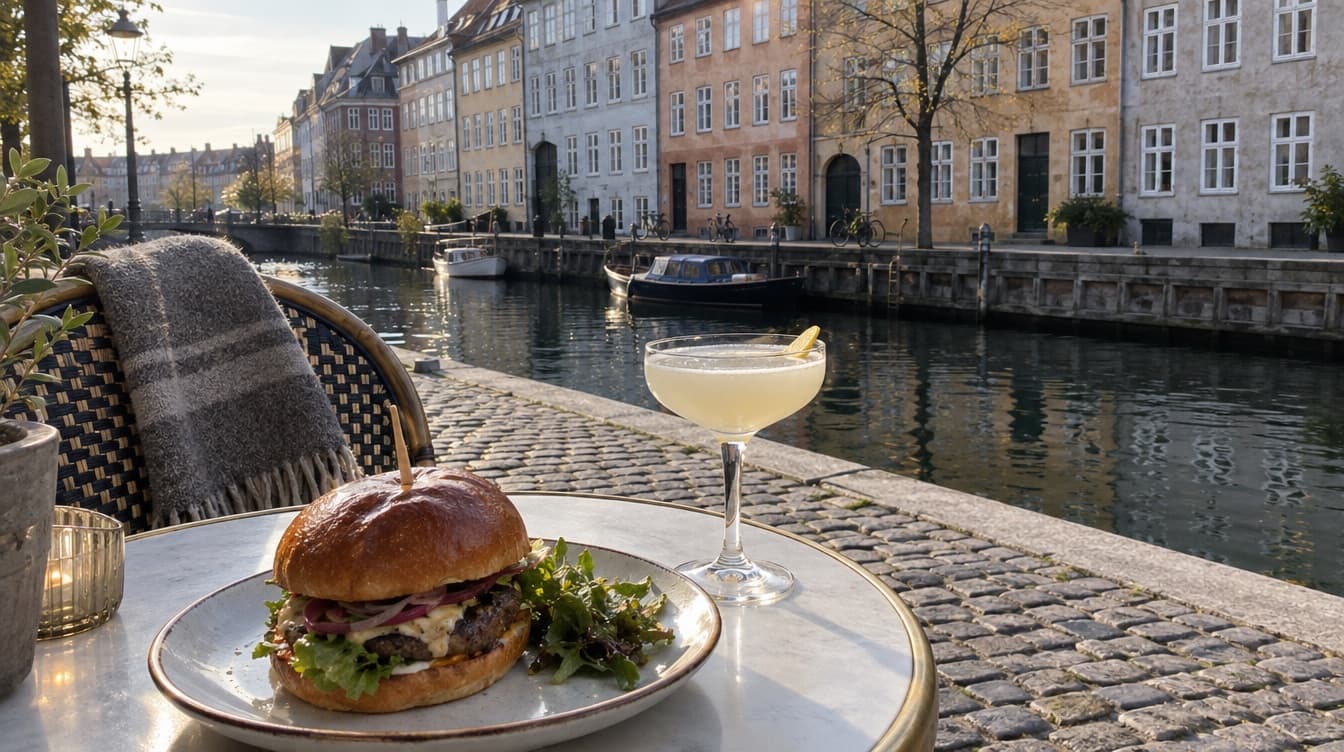 Burger og cocktail på et bord ved kanalen på Gammel Strand — Cocks & Cows