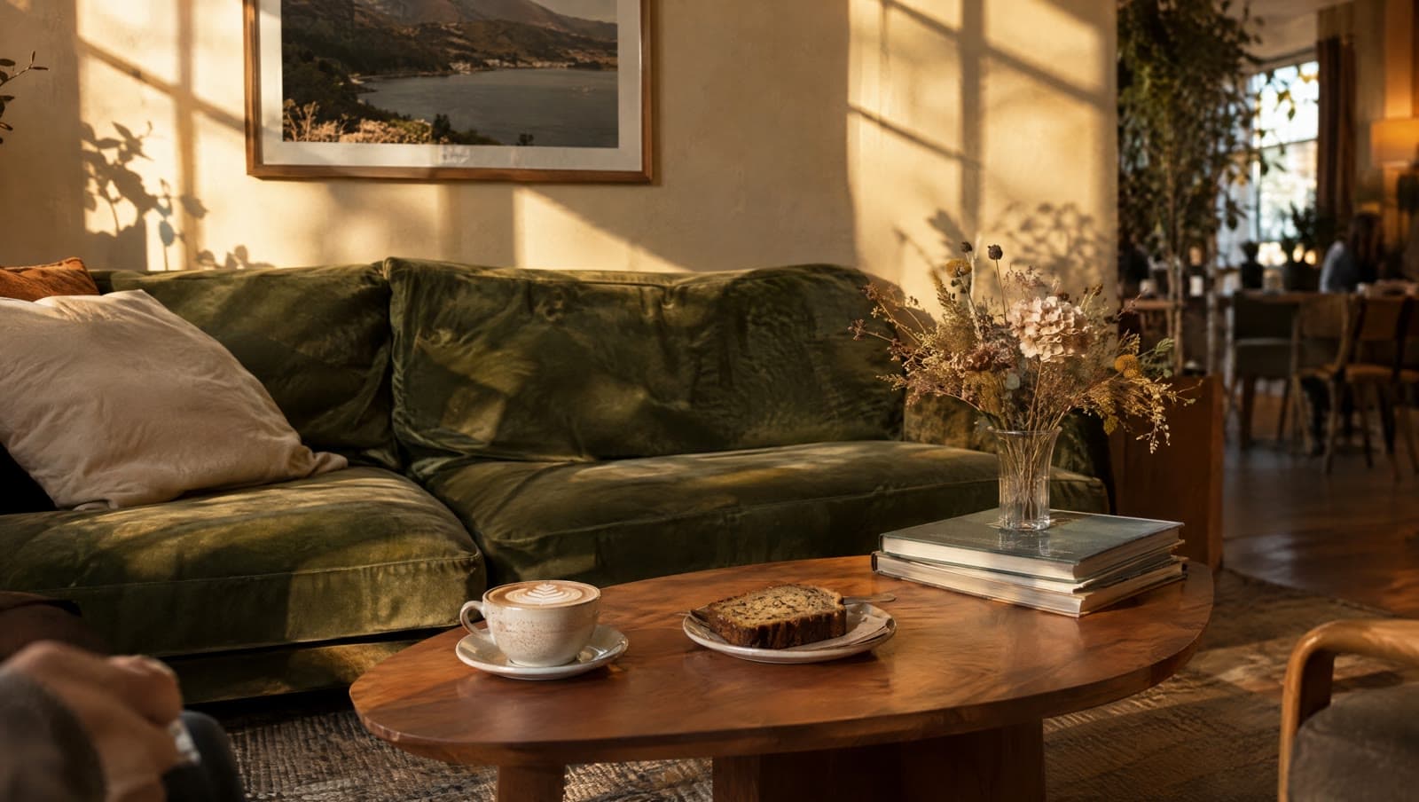 Cappuccino og bananbrød ved den grønne sofa — Darcy's Kaffe