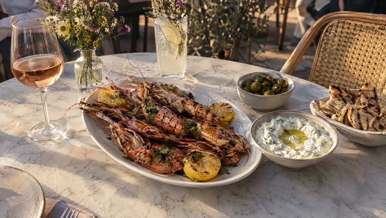 Grillede jomfruhummere, tzatziki og pita på et marmorbord — Delphine