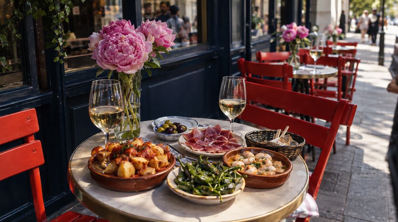Tapas og hvidvin ved de røde stole på fortovet — Forlæns og Baglæns