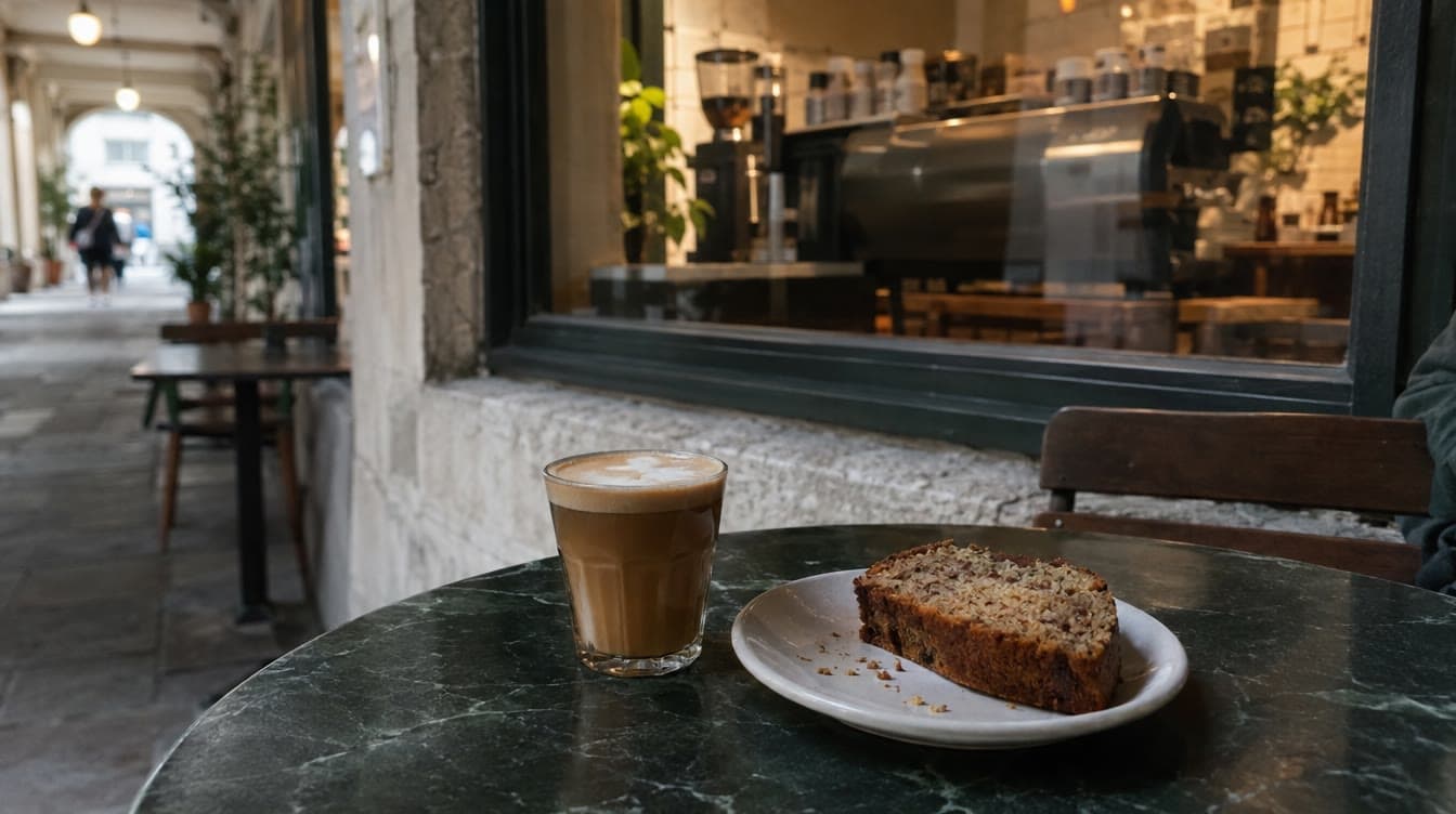Cortado og bananbrød i passagen — Fredo's Coffee Right