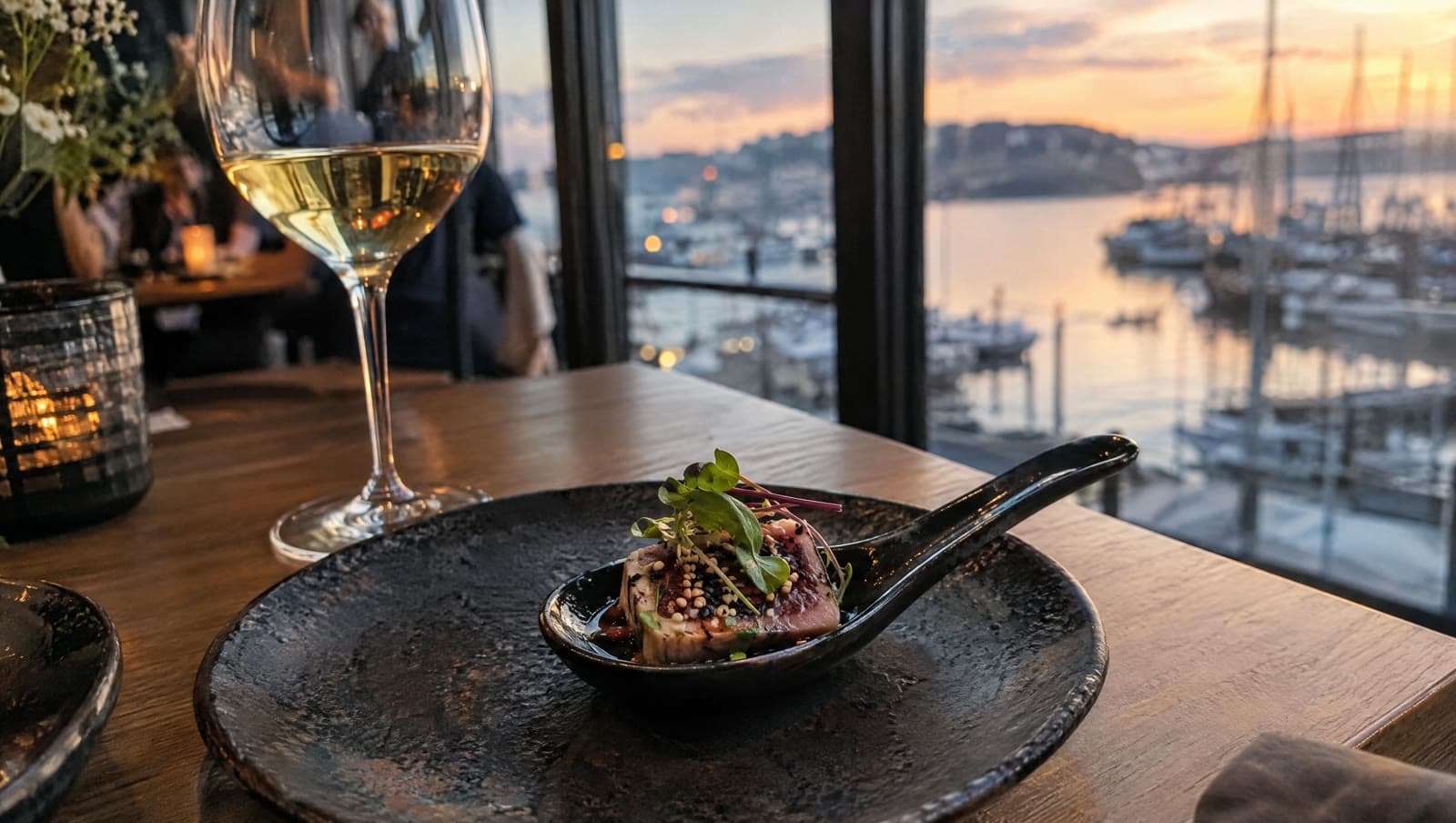 Tataki og hvidvin ved vinduet mod havnefronten — Fusion