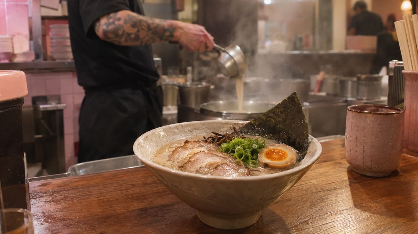 Ramen med æg og chashu på baren — Gaijin Ramen