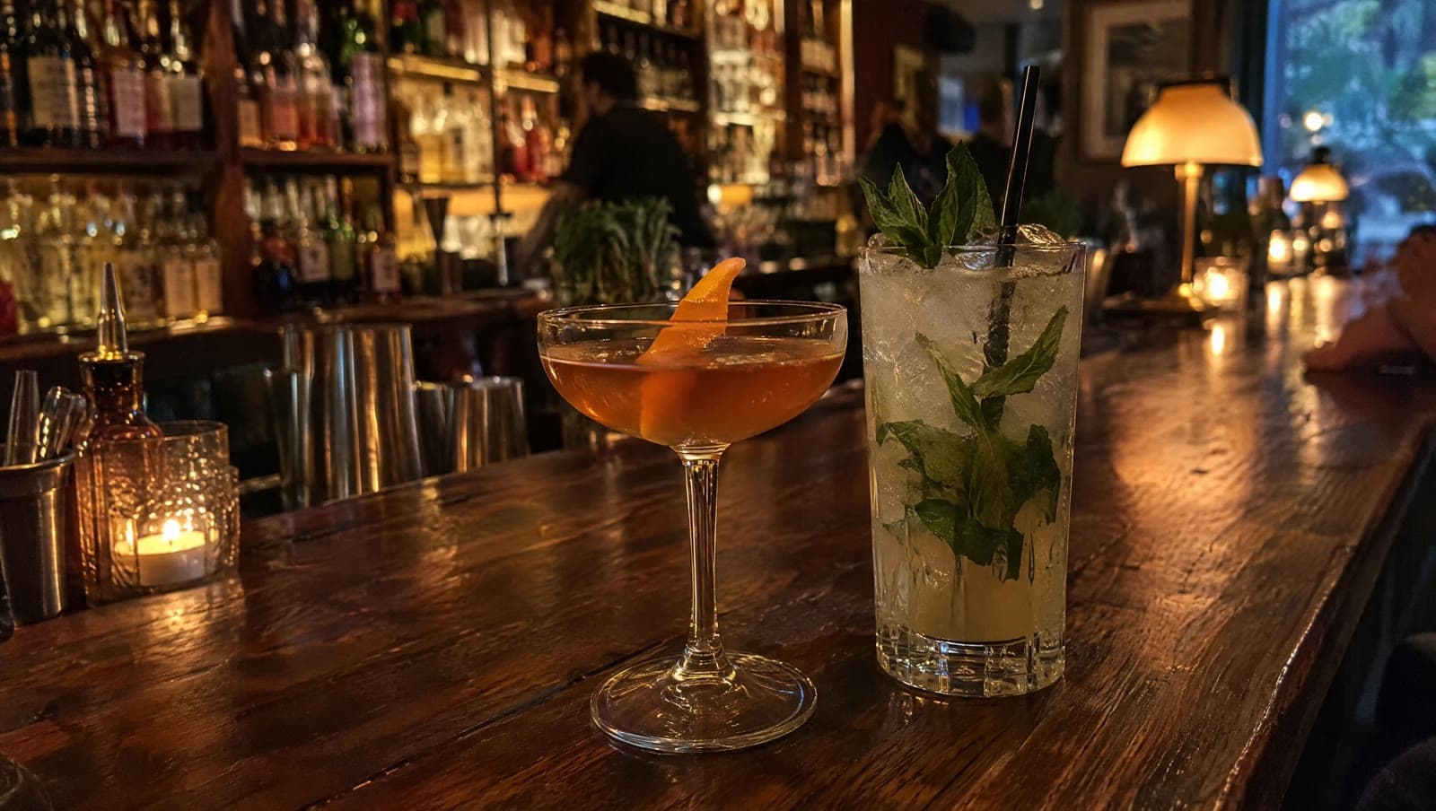 To cocktails på den mørke træbar — Gensyn