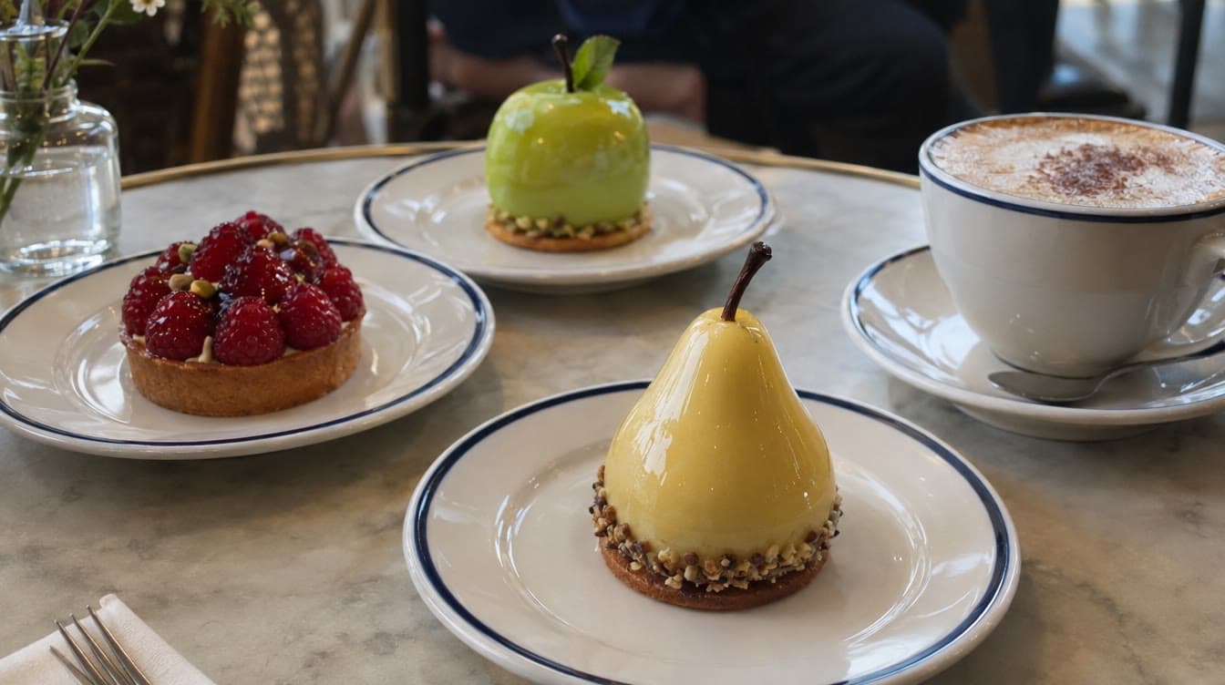Pære-moussekage og æblekage på blåkantede tallerkener — Gotfred