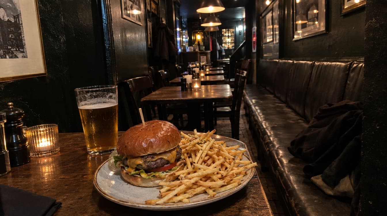 Burger med pommes frites i et smalt lokale i Pisserenden — Halifax i Larsbjørnsstræde