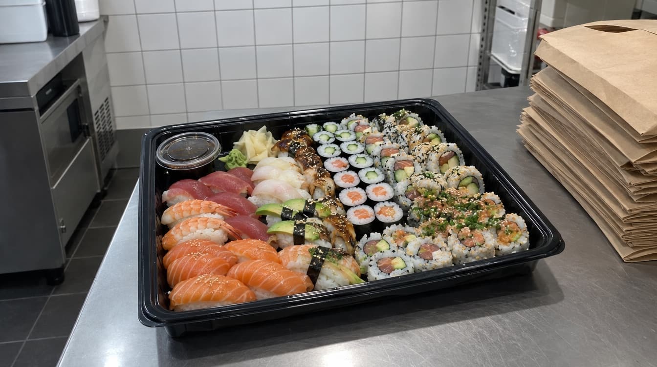 Stor takeaway-bakke med sushi pakket til afhentning — Hana Sushi i Sydhavn