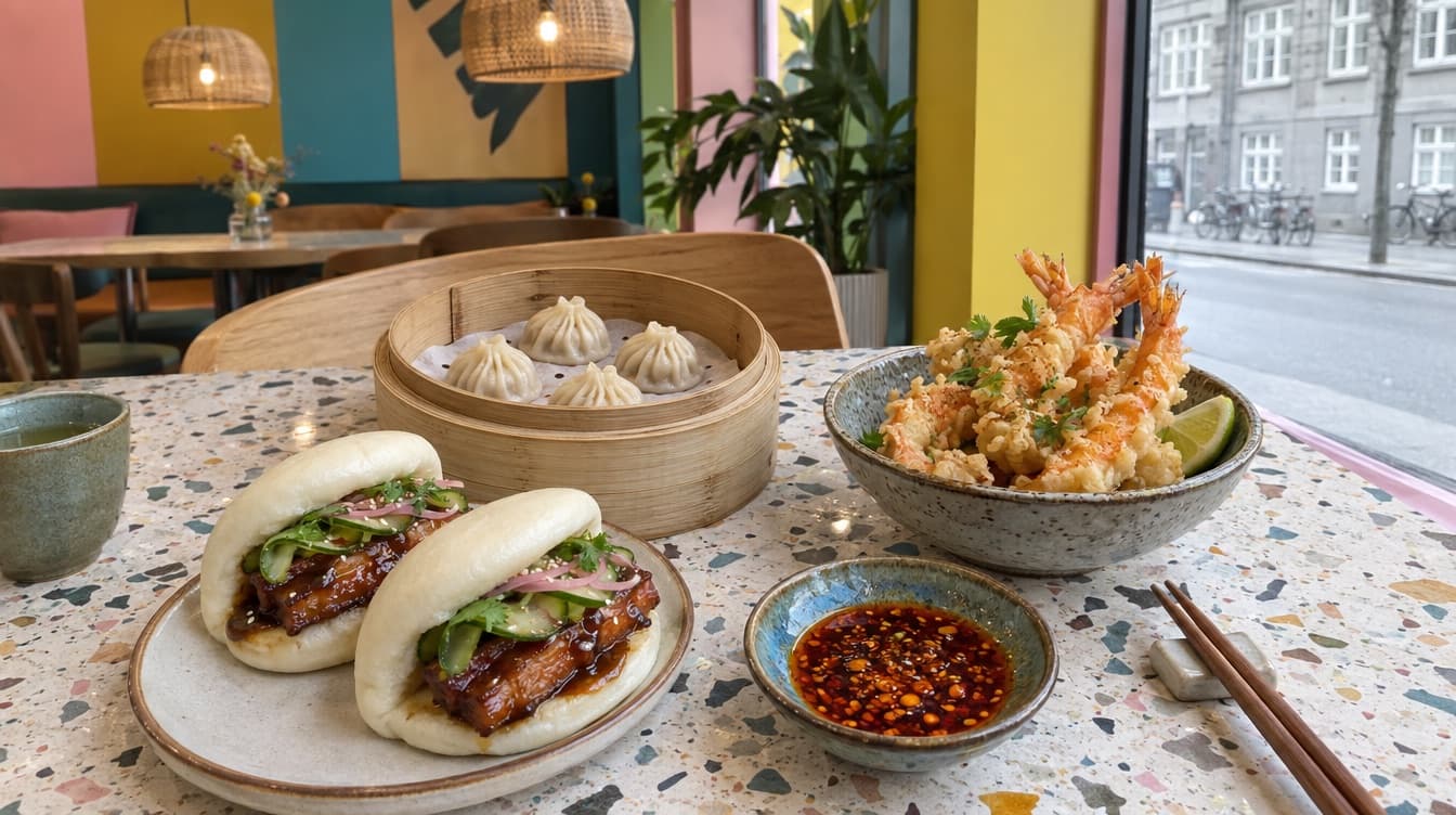 Bao buns og dumplings til deling på et farverigt bord — Hanzō på Solbjergvej