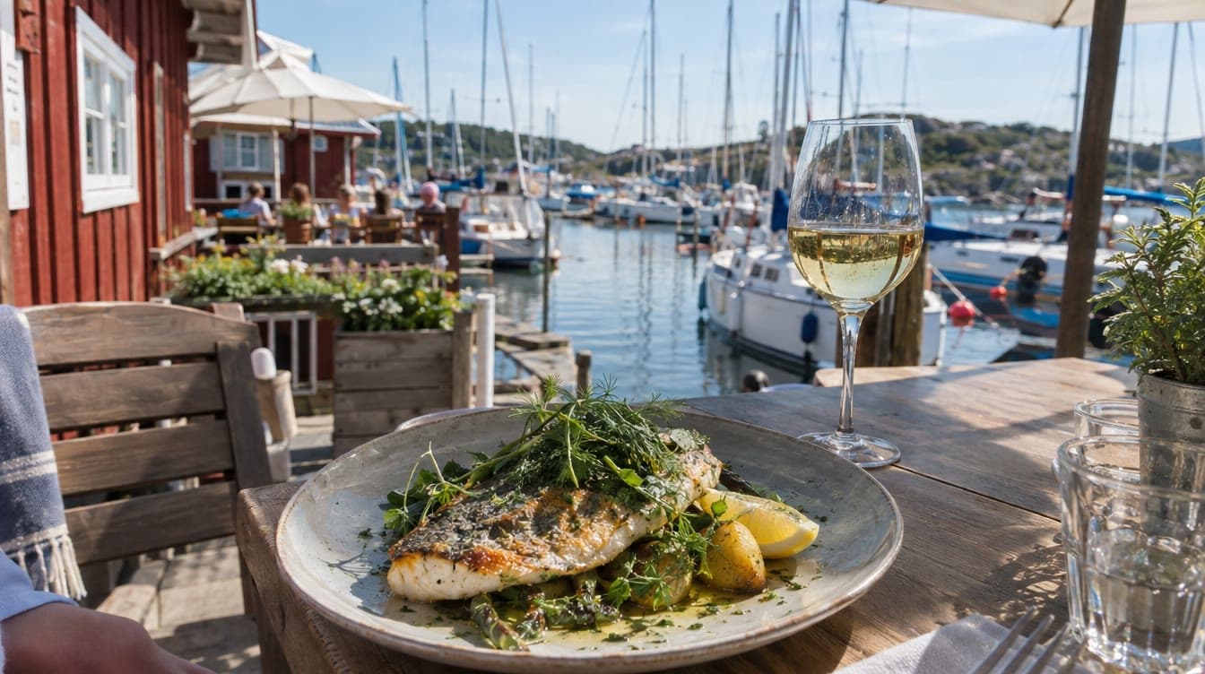 Stegt fisk og hvidvin på terrassen ved Egå Marina — Havrum