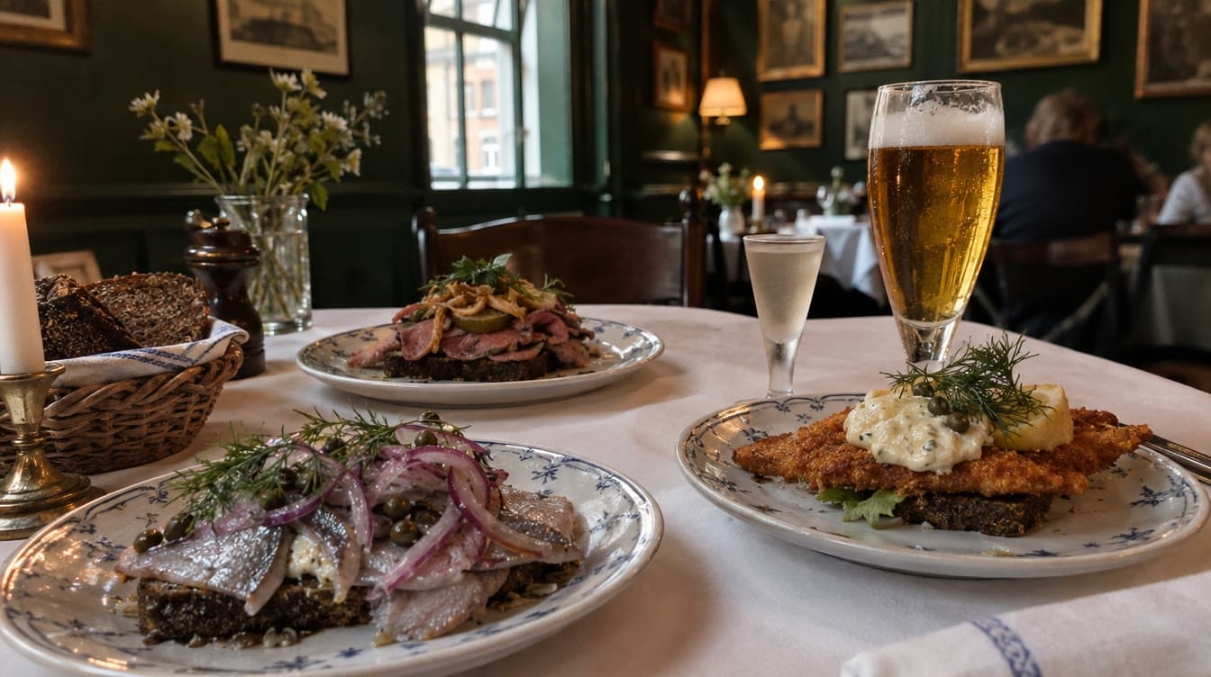 Smørrebrød, sild og snaps på hvid dug — Hos Isidor Henius