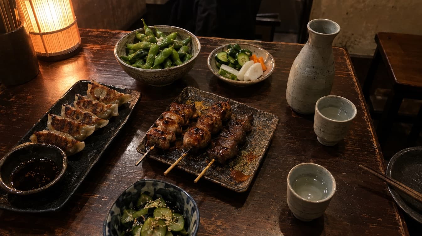 Små japanske retter og sakeglas på en mørk bordplade — Jah Izakaya på Vesterbro