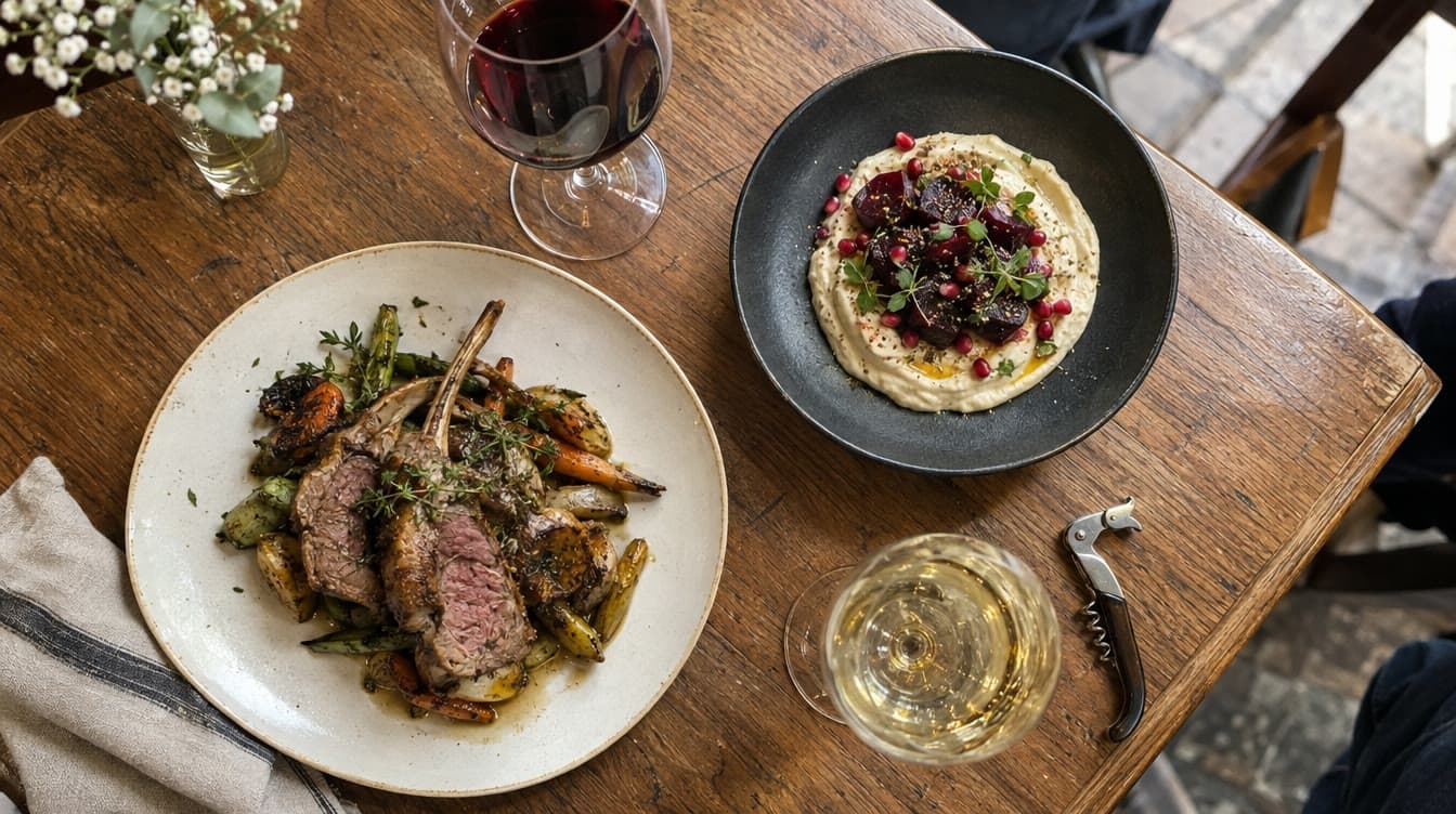 Brasserieretter og vin set oppefra — Juliette
