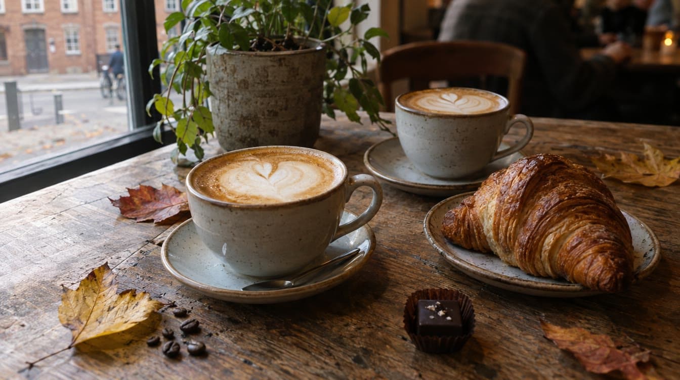 Cappuccino og croissant på det slidte træbord — Kaffebaren Bredegade