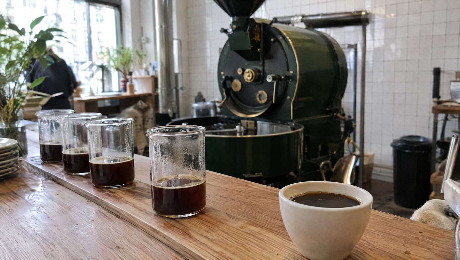 Filterkaffe i glasbægre foran den grønne kafferister — Kaffedepartementet