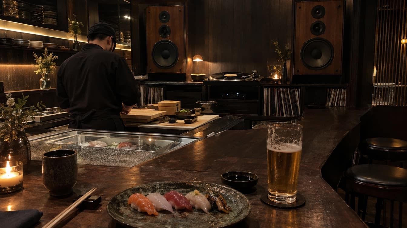 Sushibar med pladespiller og højttalere bag disken — Kinyōbi i Antonigade