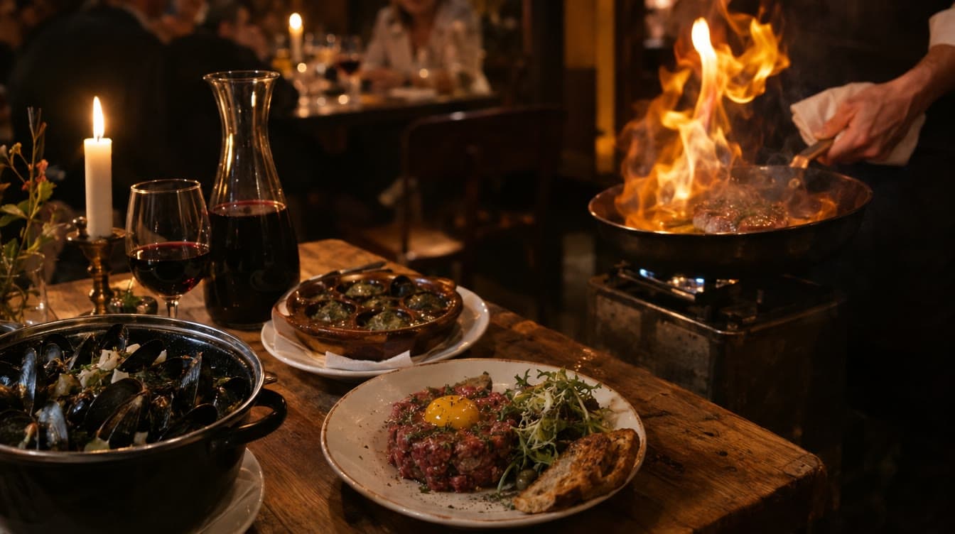 Tatar, escargots og flambering ved bordet — Klassisk Bistro 65