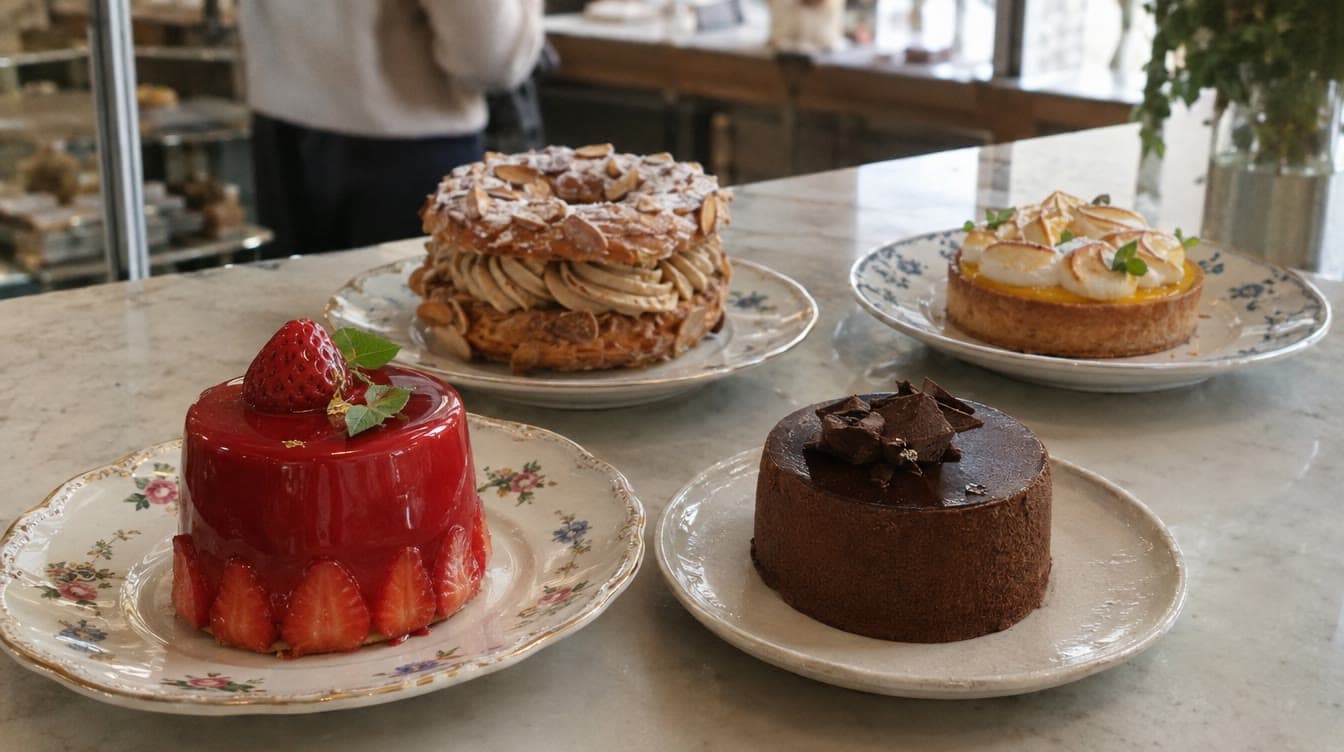 Jordbærkage og Paris-Brest i konditoriet — Konditorei