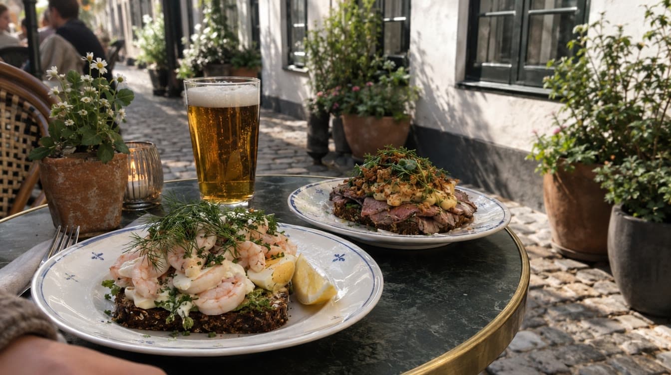 Smørrebrød og fadøl ved bordet i Brandts Passage — Kong Volmer