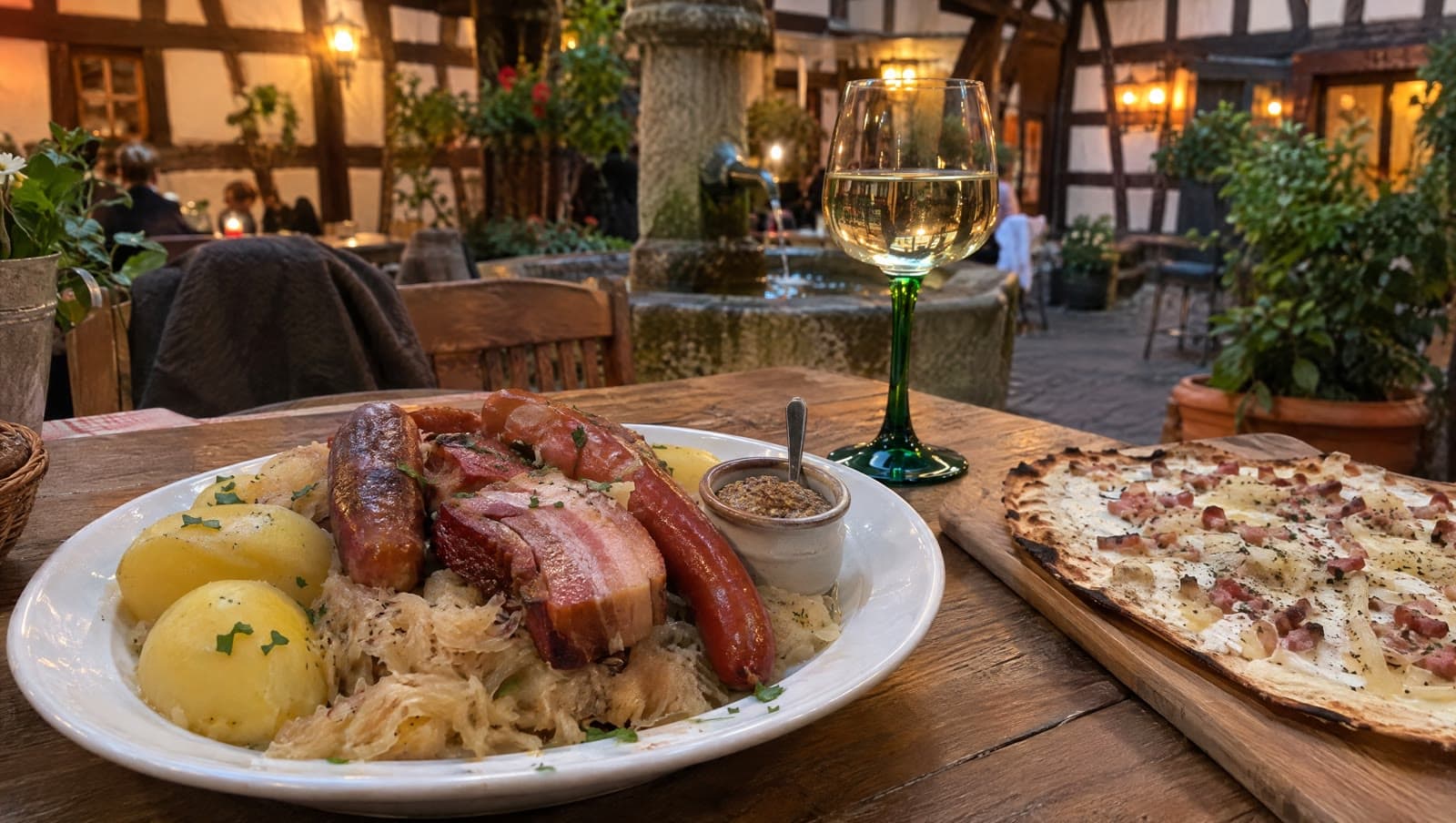 Choucroute og tarte flambée i gården med bindingsværk — L'Alsace