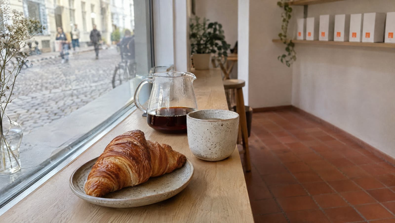 Filterkaffe og croissant ved vinduet mod gaden — La Cabra