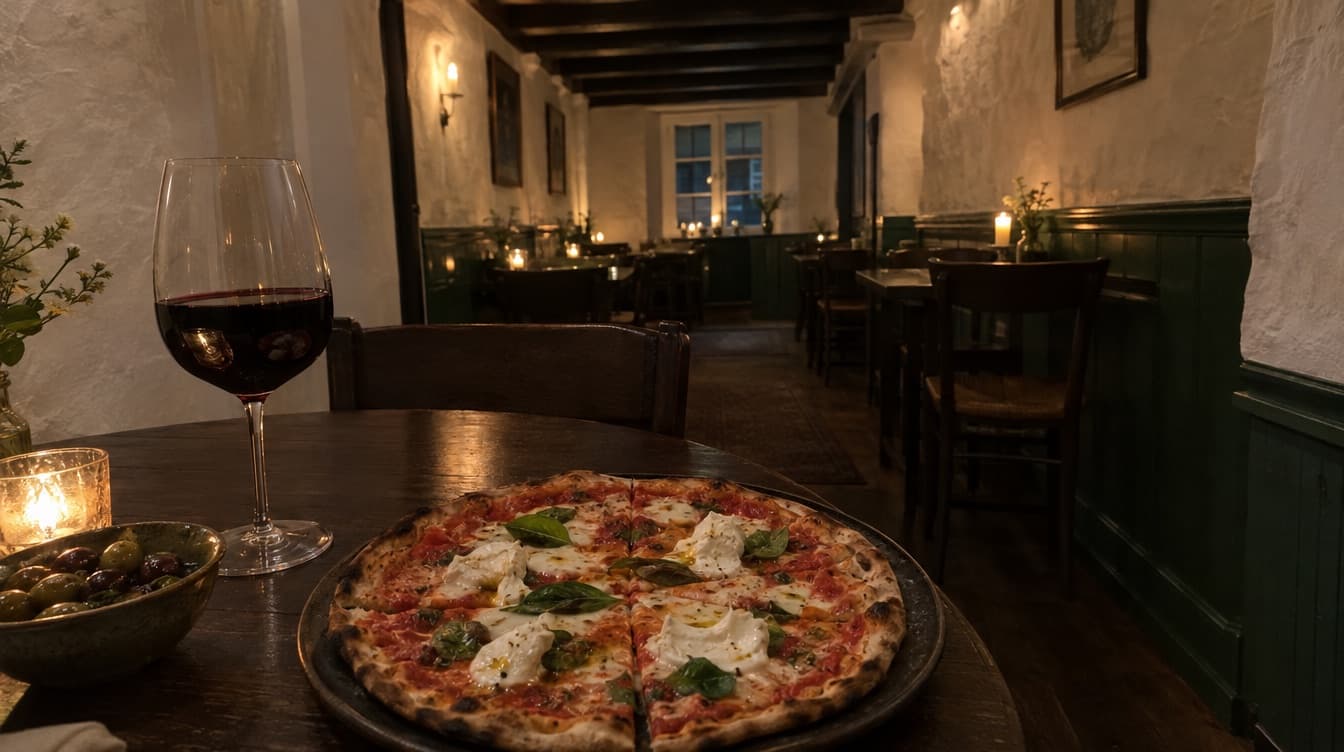 Romersk pizza med bøffelmozzarella på et bord i en gammel bygning — Magstræde 16