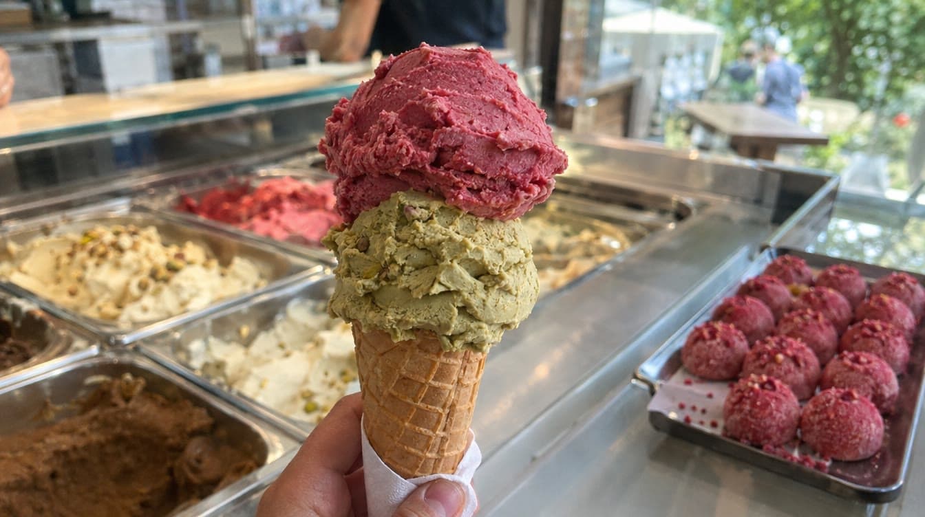 Pistacie- og hindbærgelato foran disken — Mammis Gelato