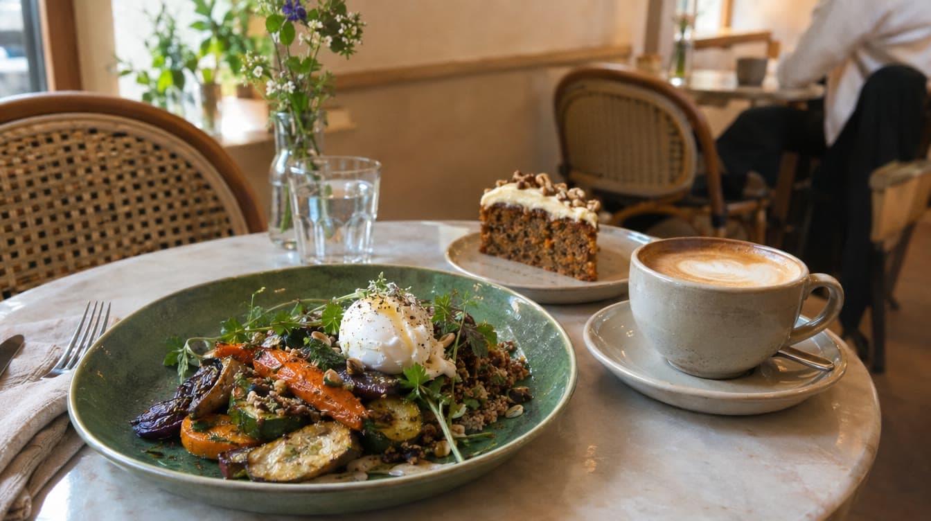 Grøn frokosttallerken, kage og kaffe — Manda Eatery