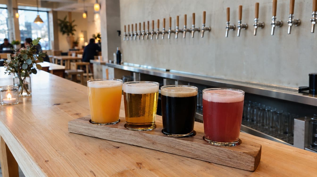 Fire specialøl foran hanerne — Mikkeller Bar Aarhus