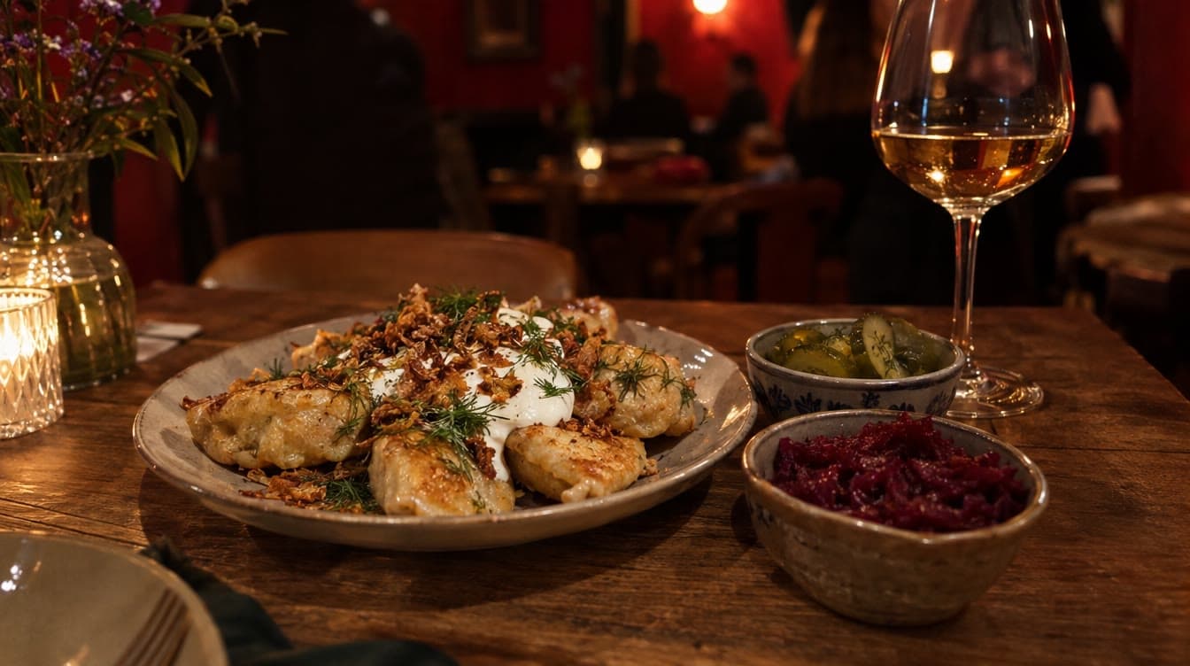 Pierogi med creme fraiche og syltede agurker — Mleko Bar