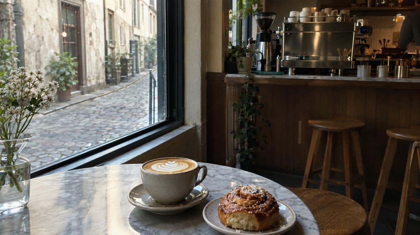 Cappuccino og kanelsnegl ved vinduet — Moccacity