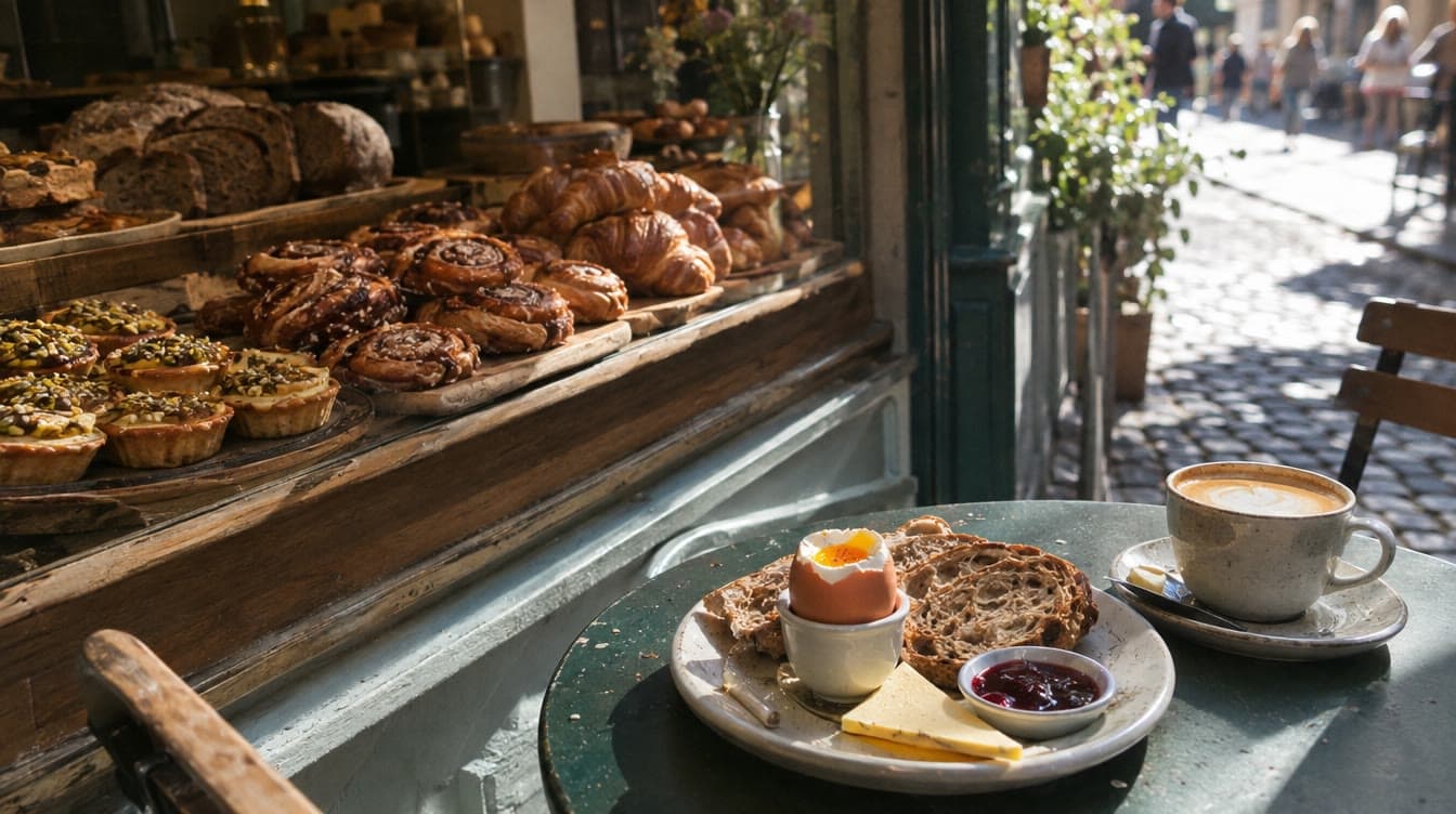 Morgenbord med æg, brød og kaffe og kagerne bag — Mor Anna