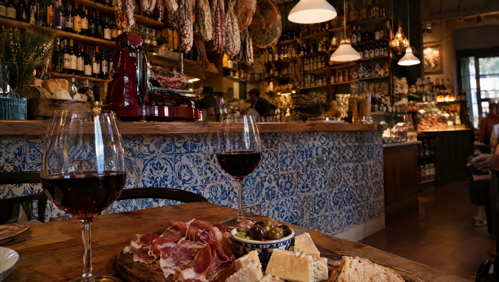 Rødvin og charcuteri foran den flisebeklædte bar — Nebbiolo Winebar