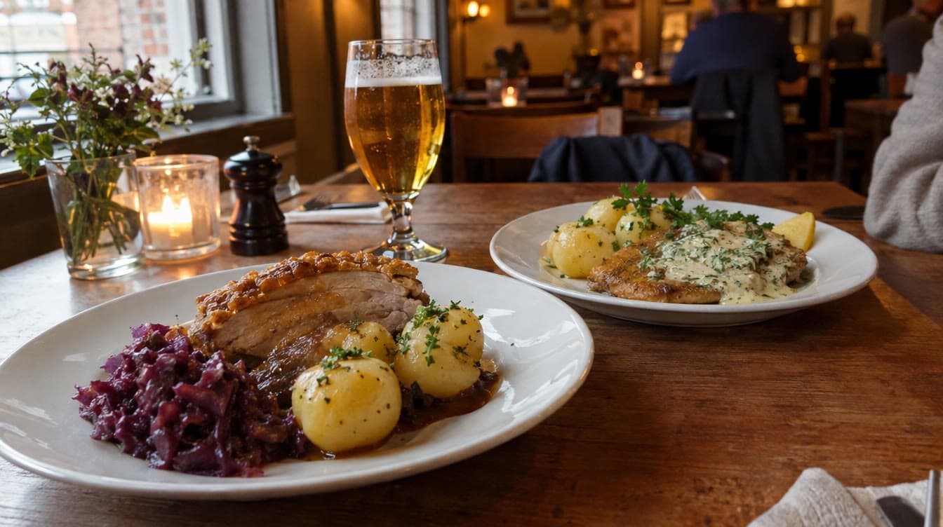 Flæskesteg og stegt fisk i den danske restaurant — Nørregade 25