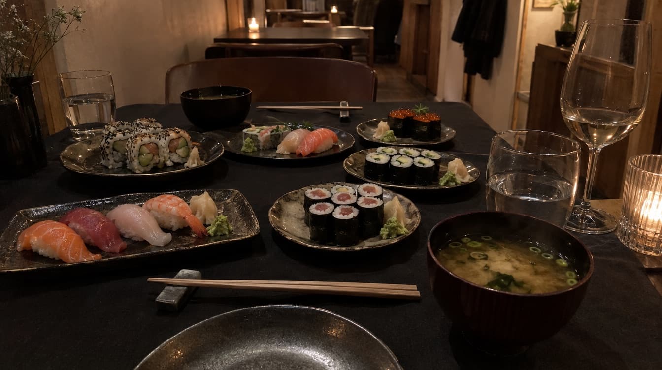 Bord fyldt med små sushitallerkener under lav belysning — Nozomi i Store Kongensgade